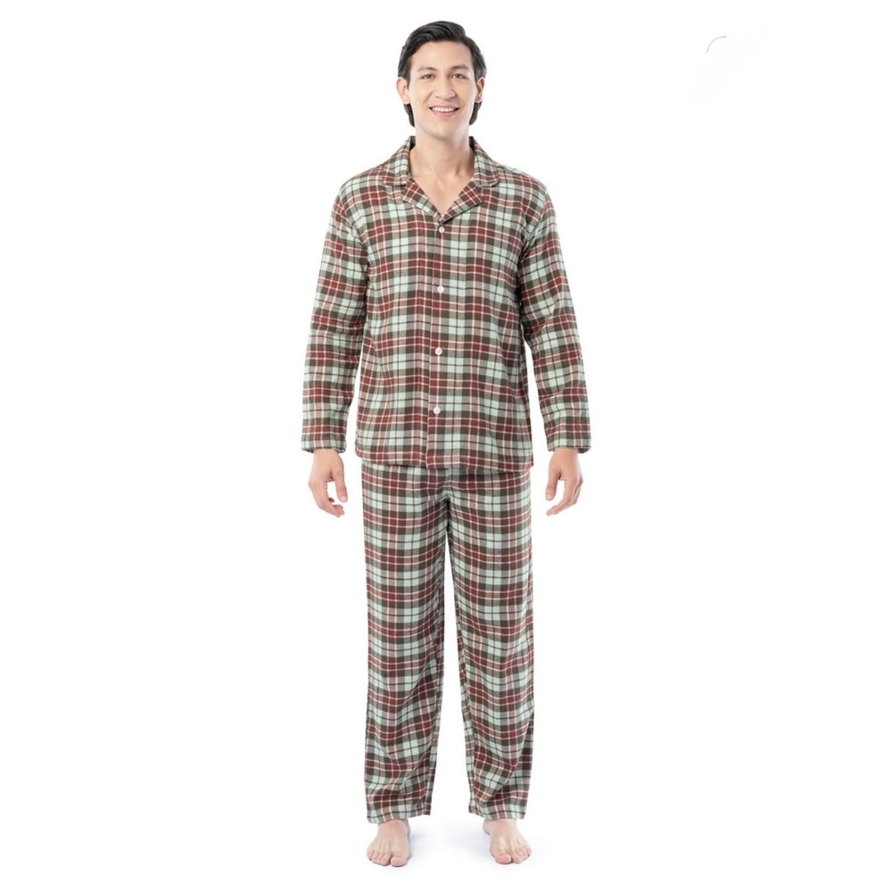 Fruit of the Loom Mens Flannel Pajama Set M Red Green Plaid Sleepwear New - Picture 3 of 8